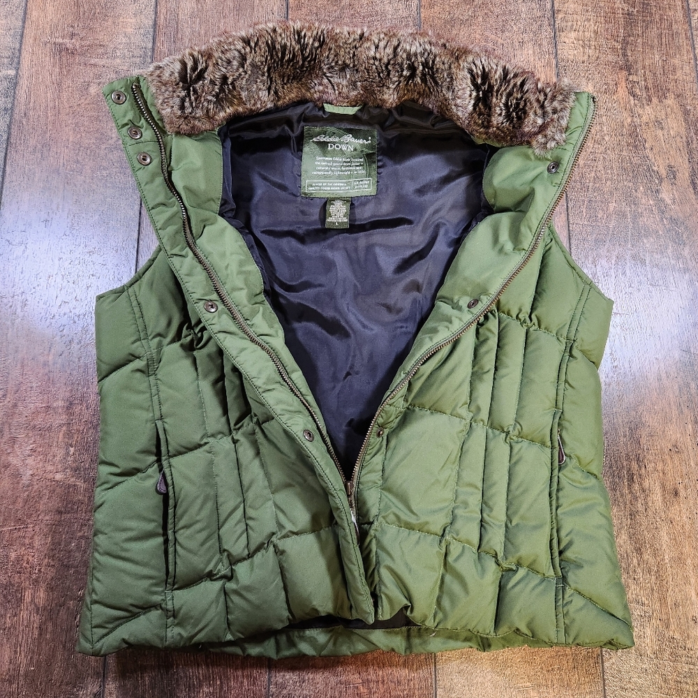 Eddie Bauer Goose Down Faux Fur Collar Quiltee Puffer Vest Women's L Olive Green - Picture 4 of 9